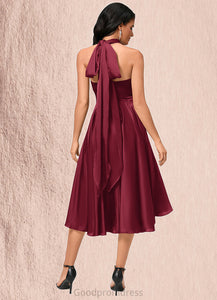 Madeline A-line Halter One Shoulder V-Neck Asymmetrical Silky Satin Cocktail Dress With Ruffle HDOP0022280