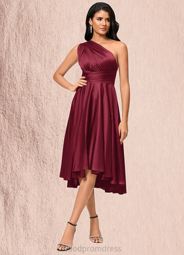 Madeline A-line Halter One Shoulder V-Neck Asymmetrical Silky Satin Cocktail Dress With Ruffle HDOP0022280