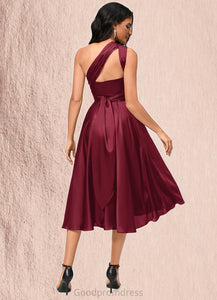 Madeline A-line Halter One Shoulder V-Neck Asymmetrical Silky Satin Cocktail Dress With Ruffle HDOP0022280