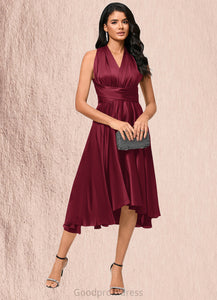 Madeline A-line Halter One Shoulder V-Neck Asymmetrical Silky Satin Cocktail Dress With Ruffle HDOP0022280