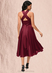 Madeline A-line Halter One Shoulder V-Neck Asymmetrical Silky Satin Cocktail Dress With Ruffle HDOP0022280