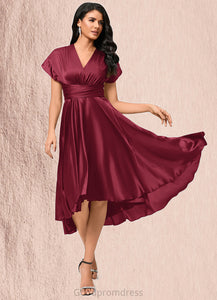 Madeline A-line Halter One Shoulder V-Neck Asymmetrical Silky Satin Cocktail Dress With Ruffle HDOP0022280