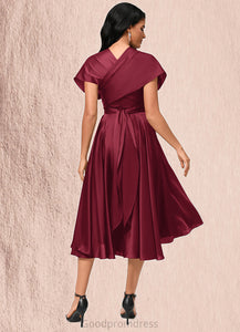 Madeline A-line Halter One Shoulder V-Neck Asymmetrical Silky Satin Cocktail Dress With Ruffle HDOP0022280