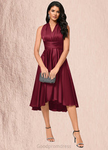 Madeline A-line Halter One Shoulder V-Neck Asymmetrical Silky Satin Cocktail Dress With Ruffle HDOP0022280