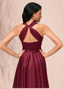 Madeline A-line Halter One Shoulder V-Neck Asymmetrical Silky Satin Cocktail Dress With Ruffle HDOP0022280