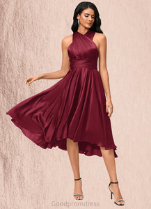 Madeline A-line Halter One Shoulder V-Neck Asymmetrical Silky Satin Cocktail Dress With Ruffle HDOP0022280