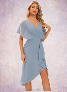 Adeline Sheath/Column V-Neck Asymmetrical Chiffon Cocktail Dress With Ruffle HDOP0022282