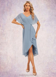 Adeline Sheath/Column V-Neck Asymmetrical Chiffon Cocktail Dress With Ruffle HDOP0022282