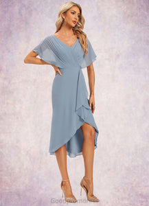 Adeline Sheath/Column V-Neck Asymmetrical Chiffon Cocktail Dress With Ruffle HDOP0022282