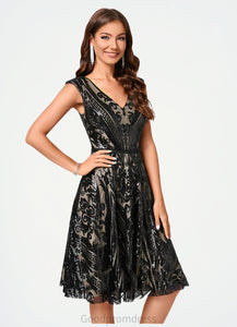 Abril A-line V-Neck Knee-Length Lace Sequin Cocktail Dress With Sequins HDOP0022289