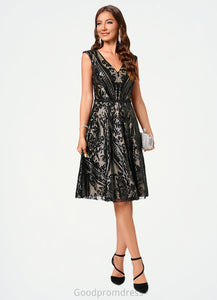 Abril A-line V-Neck Knee-Length Lace Sequin Cocktail Dress With Sequins HDOP0022289