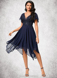 Litzy A-line V-Neck Tea-Length Chiffon Cocktail Dress With Sequins HDOP0022296