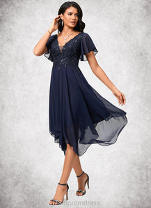 Litzy A-line V-Neck Tea-Length Chiffon Cocktail Dress With Sequins HDOP0022296