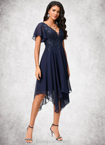 Litzy A-line V-Neck Tea-Length Chiffon Cocktail Dress With Sequins HDOP0022296