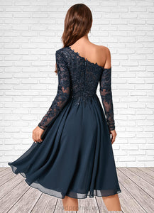 Kassandra A-line One Shoulder Knee-Length Chiffon Lace Sequin Cocktail Dress With Sequins HDOP0022310