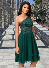 Load image into Gallery viewer, Gia A-line One Shoulder Knee-Length Chiffon Lace Cocktail Dress With Sequins HDOP0022313