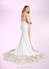 Load image into Gallery viewer, Krista Mermaid Sequins Stretch Crepe Cathedral Train Dress Diamond White/Nude HDOP0022749