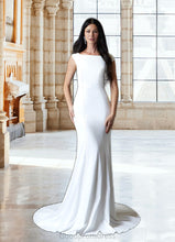 Load image into Gallery viewer, Charlee Mermaid Boatneck Stretch Crepe Sweep Train Dress Diamond White HDOP0022772