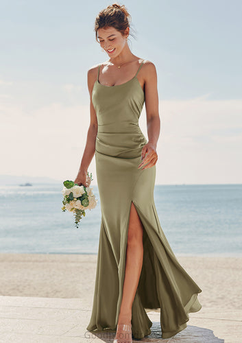 Trumpet/Mermaid Scoop Neck Sleeveless Floor-Length Stretch Satin Bridesmaid Dresses with Pleated Split Meadow HDOP0025219