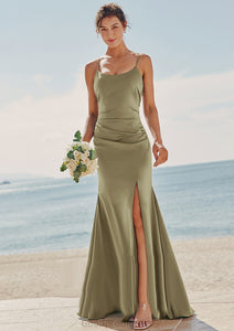 Trumpet/Mermaid Scoop Neck Sleeveless Floor-Length Stretch Satin Bridesmaid Dresses with Pleated Split Meadow HDOP0025219