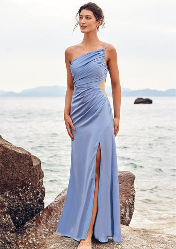 Trumpet/Mermaid One-Shoulder Sleeveless Floor-Length Stretch Satin Bridesmaid Dresses with Pleated Split Natasha HDOP0025254