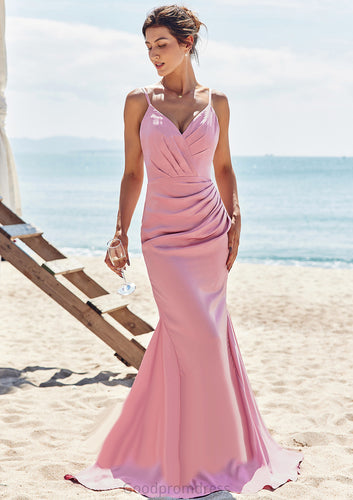 Trumpet/Mermaid V Neck Sleeveless Floor-Length Stretch Satin Bridesmaid Dresses with Pleated Kamari HDOP0025256