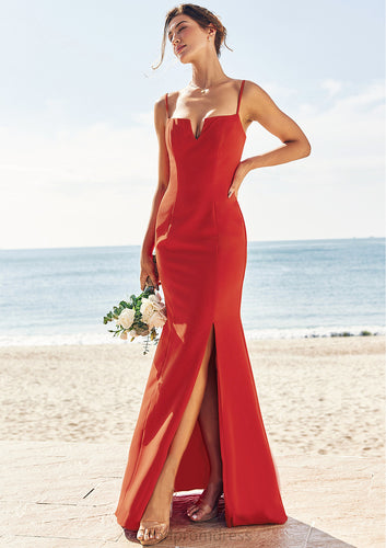 Trumpet/Mermaid V Neck Sleeveless Floor-Length Stretch Crepe Bridesmaid Dresses with Split Haylee HDOP0025269