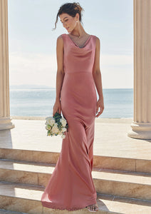 Trumpet/Mermaid Cowl Neck Sleeveless Floor-Length Stretch Satin Bridesmaid Dresses with Sashes Kinsley HDOP0025281