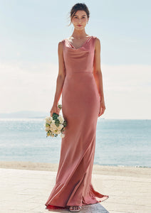 Trumpet/Mermaid Cowl Neck Sleeveless Floor-Length Stretch Satin Bridesmaid Dresses with Sashes Kinsley HDOP0025281