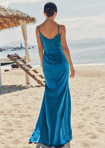 Trumpet/Mermaid V Neck Sleeveless Floor-Length Stretch Satin Bridesmaid Dresses with Pleated Split Juliet HDOP0025286