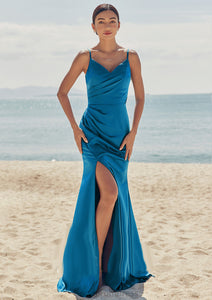 Trumpet/Mermaid V Neck Sleeveless Floor-Length Stretch Satin Bridesmaid Dresses with Pleated Split Juliet HDOP0025286