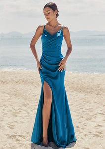 Trumpet/Mermaid V Neck Sleeveless Floor-Length Stretch Satin Bridesmaid Dresses with Pleated Split Juliet HDOP0025286