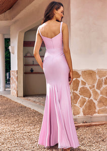 Trumpet/Mermaid V Neck Sleeveless Floor-Length Jersey Bridesmaid Dresses with Pleated Split Lucia HDOP0025299