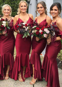 Sleeveless V Neck Asymmetrical Trumpet/Mermaid Charmeuse Bridesmaid Dresseses With Ruffles Hanna HDOP0025305