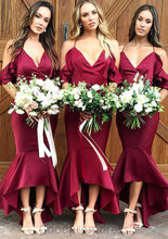 Load image into Gallery viewer, Sleeveless V Neck Asymmetrical Trumpet/Mermaid Charmeuse Bridesmaid Dresseses With Ruffles Hanna HDOP0025305