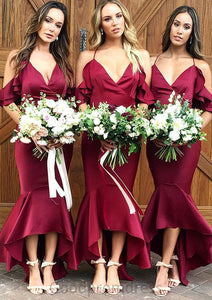 Sleeveless V Neck Asymmetrical Trumpet/Mermaid Charmeuse Bridesmaid Dresseses With Ruffles Hanna HDOP0025305