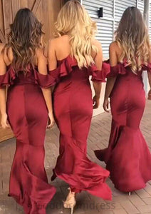 Sleeveless V Neck Asymmetrical Trumpet/Mermaid Charmeuse Bridesmaid Dresseses With Ruffles Hanna HDOP0025305