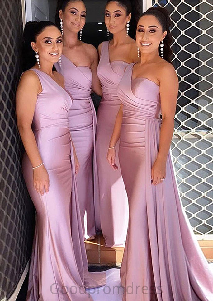 Trumpet/Mermaid One-Shoulder Sleeveless Sweep Train Jersey Bridesmaid Dresses With Pleated Side Draping Cindy HDOP0025308