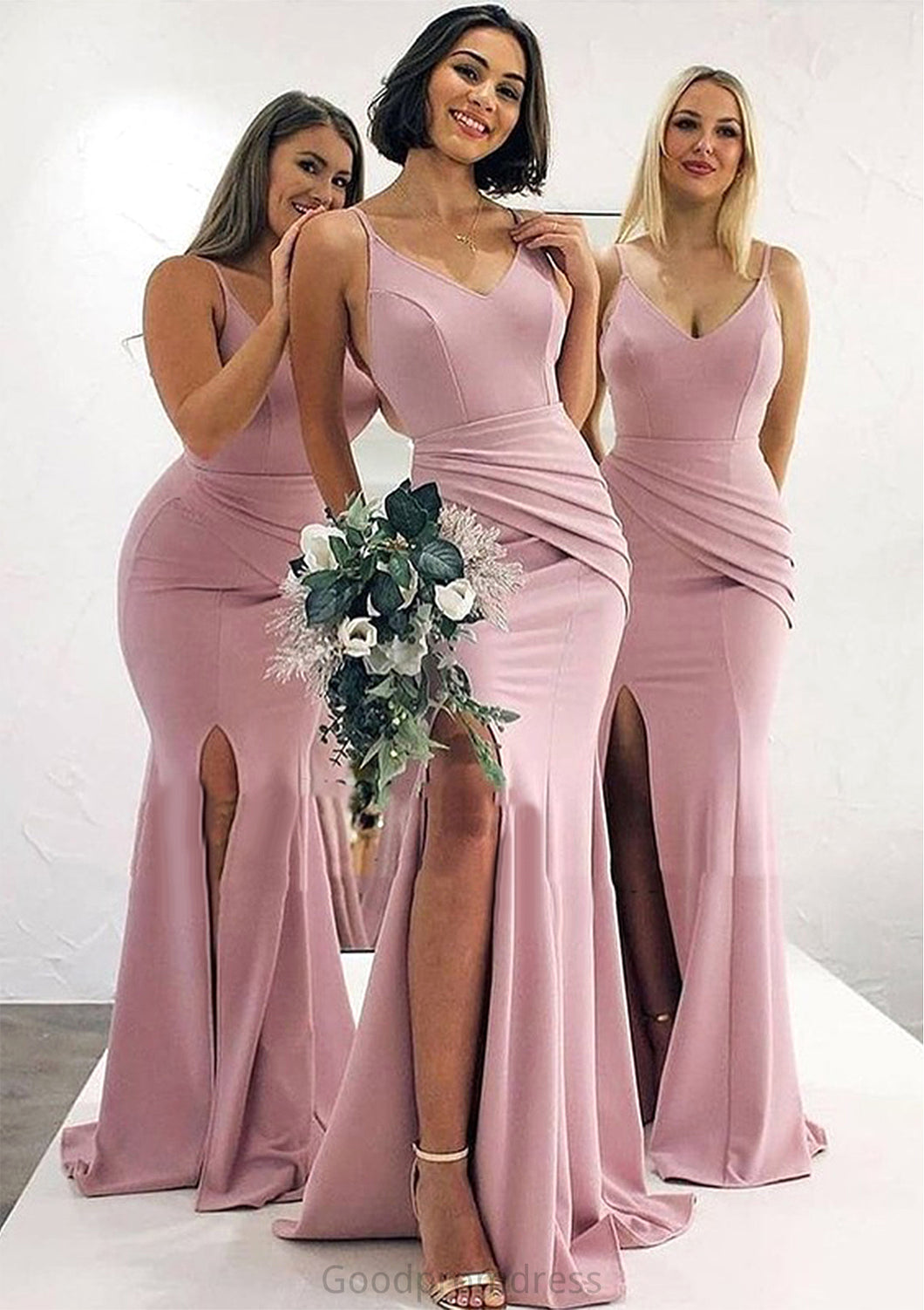 Trumpet/Mermaid V Neck Sleeveless Long/Floor-Length Elastic Satin Bridesmaid Dresses With Pleated Split Raina HDOP0025347