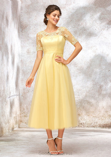 Short Sleeve A-line/Princess Tulle Bateau Bridesmaid Dresses With Lace Appliqued Lailah HDOP0025351