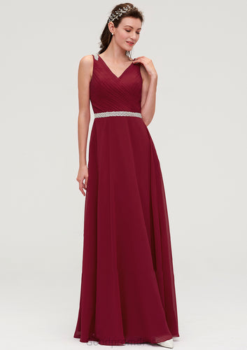 V Neck Sleeveless Chiffon A-line/Princess Long/Floor-Length Bridesmaid Dresseses With Waistband Beading Pleated Lacey HDOP0025355