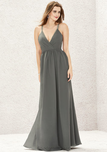 A-line V Neck Sleeveless Chiffon Long/Floor-Length Bridesmaid Dresses With Pleated Lace Cherish HDOP0025367