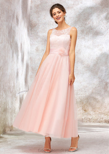 Bateau Sleeveless Tea-Length Tulle A-line/Princess Bridesmaid Dresses With Waistband Lace Ginny HDOP0025403