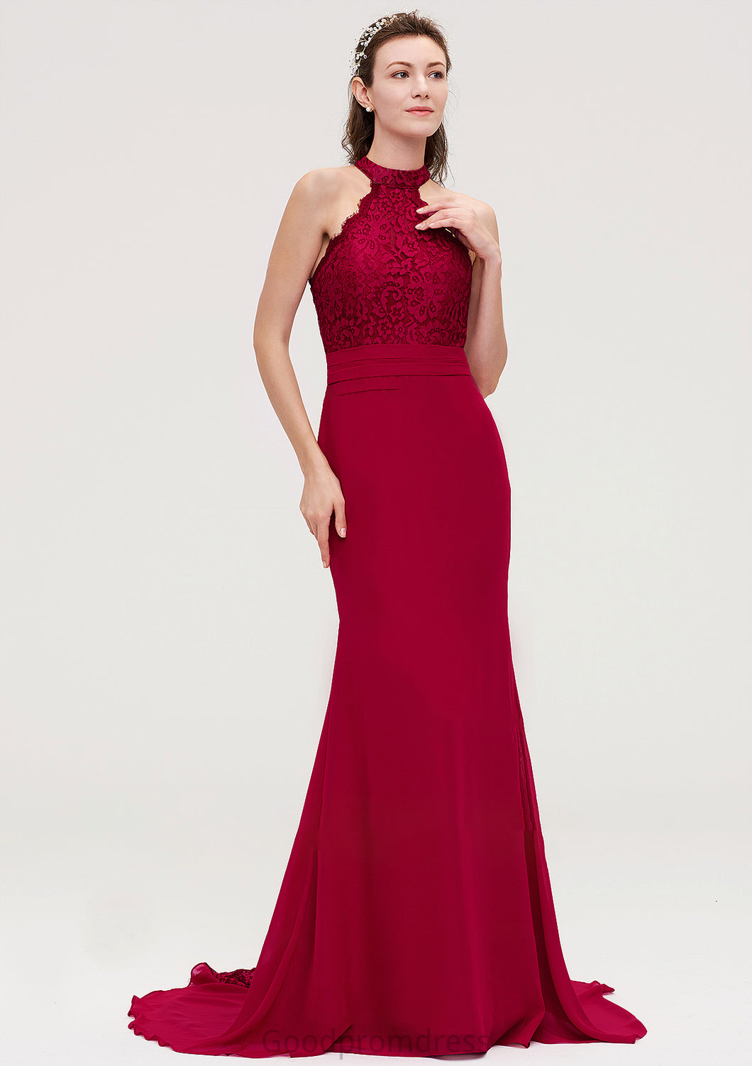 Sleeveless Scoop Neck Court Train Trumpet/Mermaid Chiffon Bridesmaid Dresseses With Lace Jamiya HDOP0025417