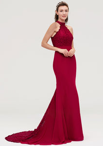 Sleeveless Scoop Neck Court Train Trumpet/Mermaid Chiffon Bridesmaid Dresseses With Lace Jamiya HDOP0025417