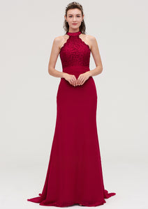 Sleeveless Scoop Neck Court Train Trumpet/Mermaid Chiffon Bridesmaid Dresseses With Lace Jamiya HDOP0025417