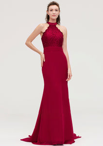 Sleeveless Scoop Neck Court Train Trumpet/Mermaid Chiffon Bridesmaid Dresseses With Lace Jamiya HDOP0025417