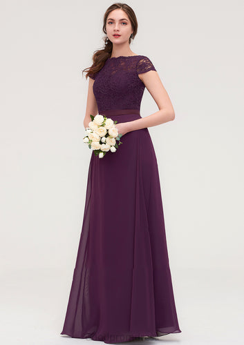 Short Sleeve Bateau Long/Floor-Length  Chiffon A-line/Princess Bridesmaid Dresses With Sashes Lace Zoie HDOP0025428