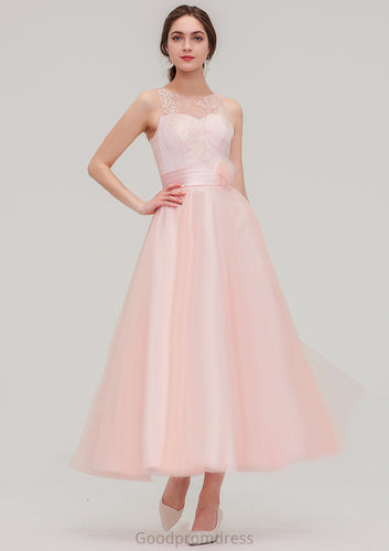 Tea-Length Sleeveless Bateau Tulle A-line/Princess Bridesmaid Dresses With Waistband Lace Patience HDOP0025429