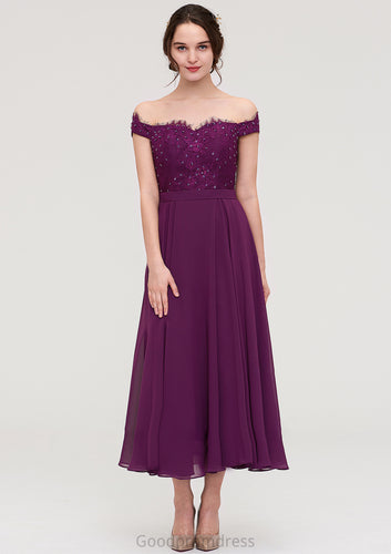 Off-the-Shoulder Sleeveless Tea-Length Chiffon A-line/Princess Bridesmaid Dresses With Lace Beading Deja HDOP0025446